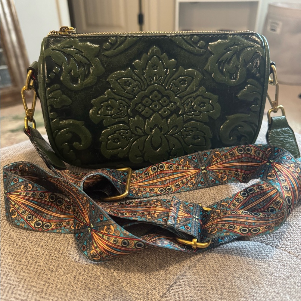 Green Embossed Leather Bag with Patterned Strap